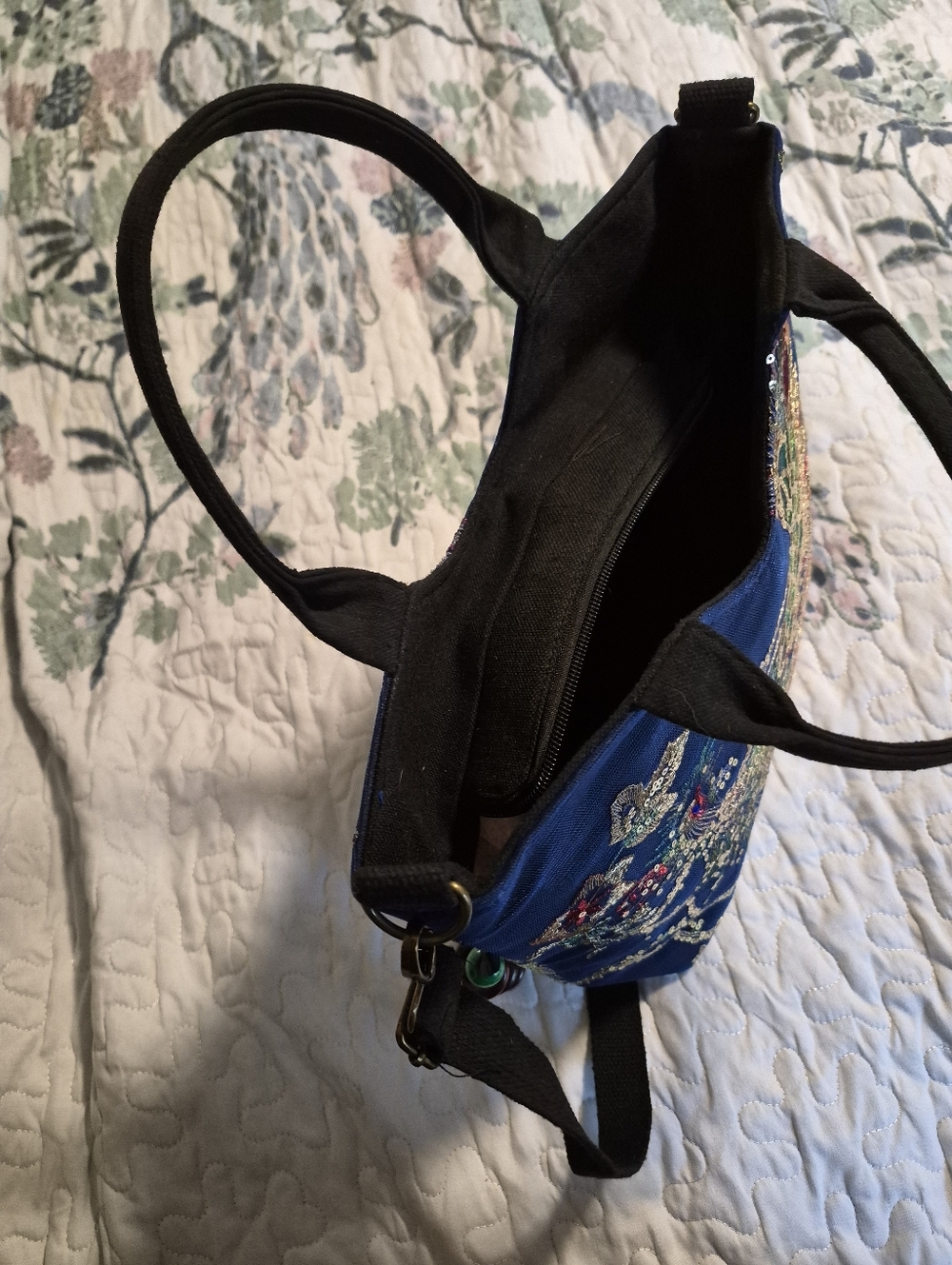 "Ella And Elly" Dark Blue Peacock Sequined Embroidered Tote Shoulder Bag - Picture 9 of 12